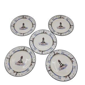 Set Of 5 Lighthouse Themed Stoneware Plates 8" Diameter Beach Nautical Decor‎
